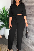 Black Casual Solid Bandage Patchwork Turndown Collar Half Sleeve Two Pieces Crop Tops Blouse Pants Sets