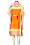 Vestidos rectos de cuello alto de patchwork con estampado casual naranja