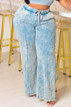 Hellblaue, lässige Patchwork-Hosen mit hoher Taille und geradem Druck