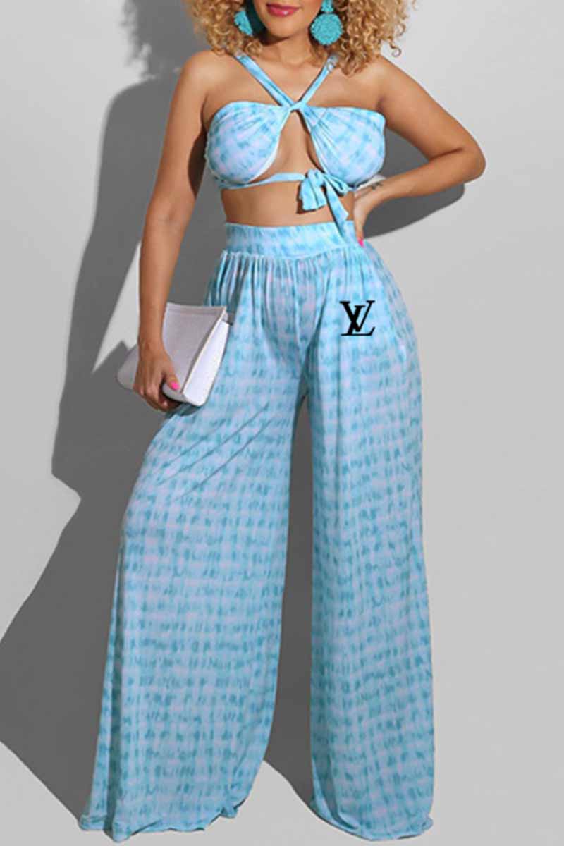 

Light Blue Fashion Sexy Print Letter Halter Sleeveless Two Pieces