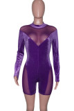 Purple Sexy Solid Patchwork See-through Half A Turtleneck Skinny Rompers