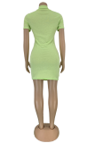 Green Fashion Print Hollowed Out Half A Turtleneck Pencil Skirt Dresses