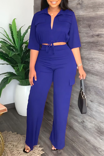 Blue Casual Solid Bandage Patchwork Turndown Collar Half Sleeve Two Pieces Crop Tops Blouse Pants Sets