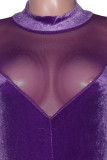 Фиолетовый сексуальный однотонный узкий комбинезон в стиле пэчворк с половиной водолазки