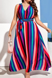 Couleur Casual Striped Print Bandage Patchwork V Neck Robes Droites
