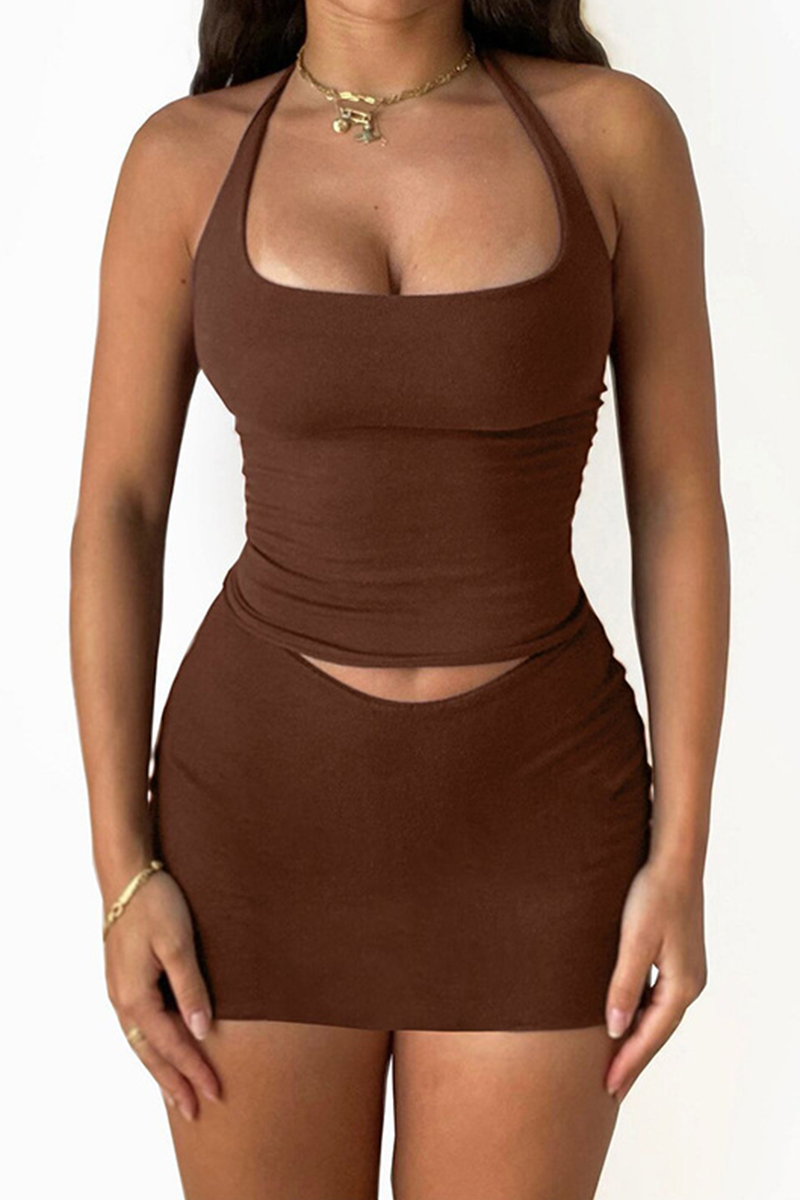 

Coffee Sexy Solid Patchwork Halter Sleeveless Two Pieces