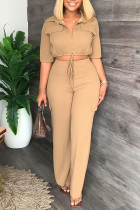 Khaki Casual Solid Bandage Patchwork Turndown Collar Half Sleeve Two Pieces Crop Tops Blouse Pants Sets