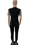 Black Casual Leopard Patchwork O Neck Short Sleeve Two Pieces