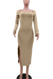 Khaki Sexy Solid Patchwork Slit Square Collar One Step Skirt Dresses