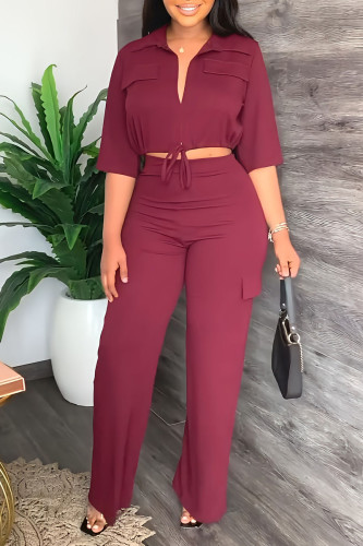 Red Casual Solid Bandage Patchwork Turndown Collar Half Sleeve Two Pieces Crop Tops Blouse Pants Sets