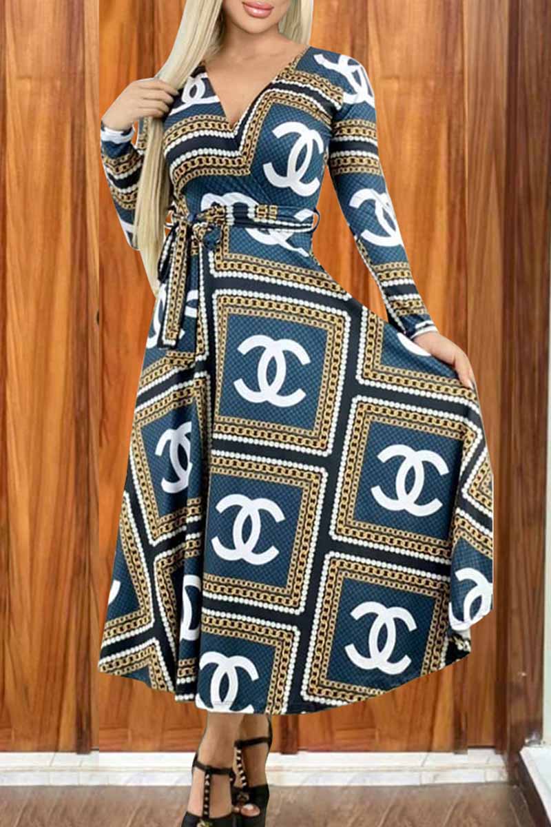 

Blue Fashion Elegant Print Letter V Neck Long Sleeve Dresses