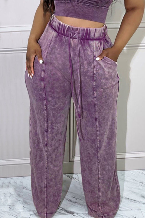 Фиолетовые повседневные прямые брюки с принтом в стиле пэчворк и высокой талией