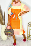 Orange Casual Print Patchwork raka klänningar med turtleneck