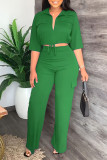 Green Casual Solid Bandage Patchwork Turndown Collar Half Sleeve Two Pieces Crop Tops Blouse Pants Sets