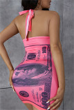 Rose Red Fashion Sexy Print Bandage Backless Halter Robe sans manches