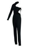 Black Fashion Sexy Solid Bandage Uitgeholde Asymmetrische Coltrui Skinny Jumpsuits