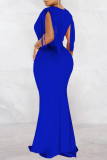 Vestido longo azul fashion sexy com borla patchwork decote em v