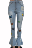 Deep Blue Casual Butterfly Print Patchwork Boot Cut Denim Jeans