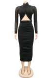 Black Fashion Sexy Solid Hollowed Out Patchwork See-through Fold Long Sleeve Dresses