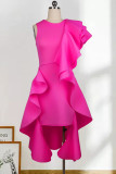 Rose Red Fashion Formal Solid Patchwork Asymmetrical O Neck Evening Dress