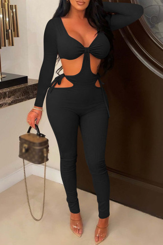 Black Fashion Sexy Solid Bandage Hollowed Out V Neck Skinny Jumpsuits