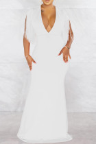 Weiße Mode Sexy Solid Quaste Patchwork V-Ausschnitt Langes Kleid