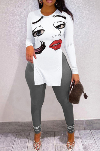 White Fashion Casual Print Slit O Neck Long Sleeve Two Pieces