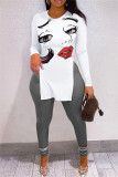 Rouge Fashion Casual Print Slit O Neck Long Sleeve Two Pieces