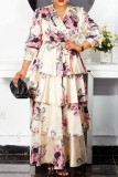 マルチカラー ファッション カジュアル プリント パッチワーク 小帯 V ネック ロング スリーブ ドレス