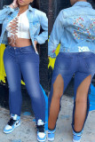 Средне-синие модные повседневные однотонные джинсы с высокой талией и высокой талией