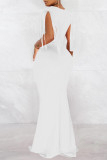 White Fashion Sexy Solid Tassel Patchwork V Neck Long Dress