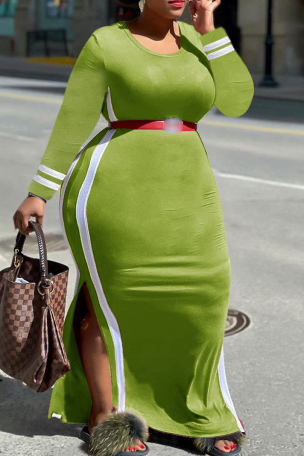 アーミーグリーン ファッション カジュアル ストライプ パッチワーク スリット Oネック 長袖 プラスサイズ ドレス (ベルトなし)