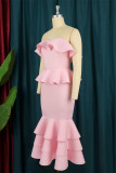 Розовое модное сексуальное вечернее платье без бретелек из сплошного пэчворка