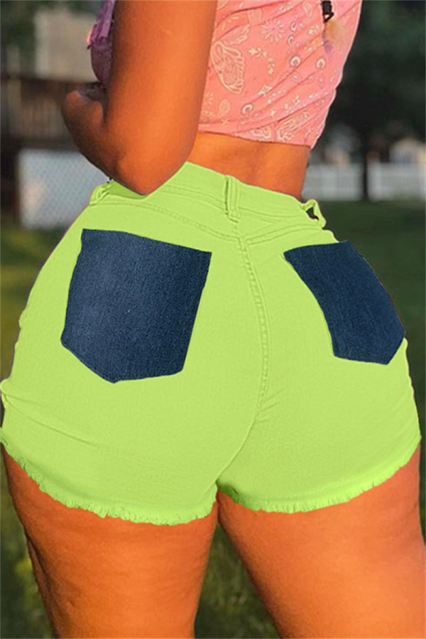 Groene mode casual patchwork gescheurd contrast hoge taille skinny denim shorts