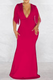 Vestido longo rosa vermelho fashion sexy com borla patchwork decote em v