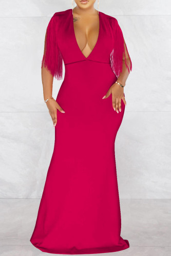Robe longue à col en V avec patchwork à pompons solides et à la mode rose rouge
