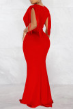 Vestido longo vermelho fashion sexy com borla patchwork decote em v