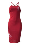 Robes de robe sans manches à bretelles spaghetti imprimées à la mode rouge