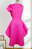Rose Red Fashion Formal Solid Patchwork Asymmetrical O Neck Evening Dress
