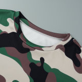 Khaki Casual Camouflage Print Patchwork O Hals Kurzarm Zweiteiler