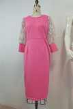 Pink Fashion Casual Patchwork See-through Slit O Neck Long Sleeve Dresses