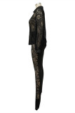 Черный модный сексуальный лоскутный твердый прозрачный отложной воротник с длинным рукавом из двух частей