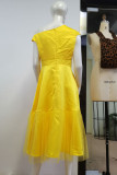 Fluoreszierendes Gelb Mode Casual Solid Patchwork A-Linie Kleider