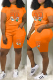 Oranje Mode Casual Print Patchwork O-hals Korte Mouw Twee Stukken