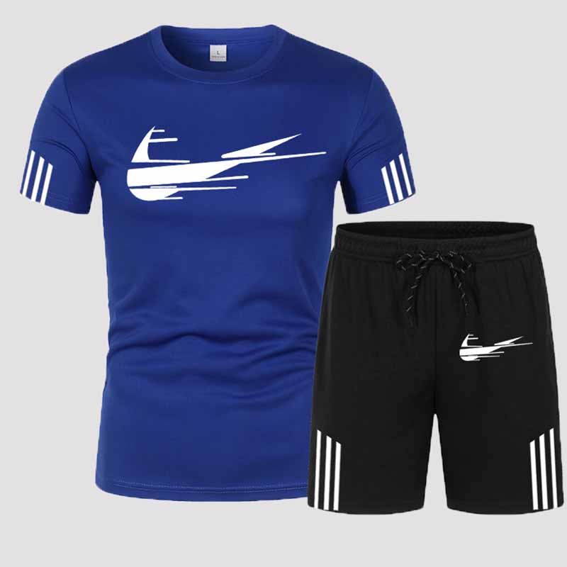 

Blue Fashion Sportswear Print Patchwork O Neck Short Sleeve Two Pieces
