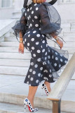 Black Fashion Casual Dot Print Patchwork O Neck One Step Skirt Dresses