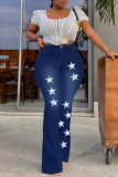 Dunkelblau Mode Casual The Stars Patchwork High Waist Regular Denim Jeans