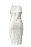 ホワイトファッションセクシープリントバックレススパゲッティストラップノースリーブドレスドレス