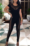 Black Fashion Sexy Solid Patchwork See-through O Neck Skinny Jumpsuits