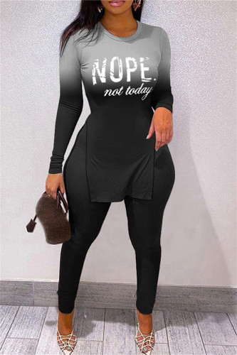 Black Fashion Casual Print Slit O Neck Long Sleeve Two Pieces
